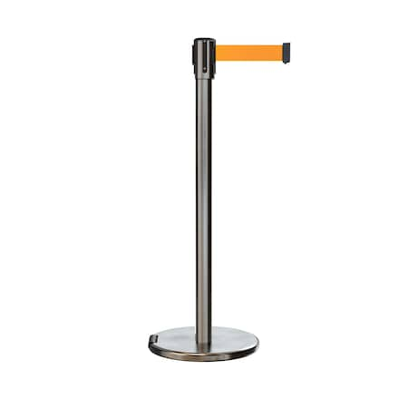 Retractable Belt Rolling Stanchion, 2ft Sat.Steel Post  9ft. Fl.Org